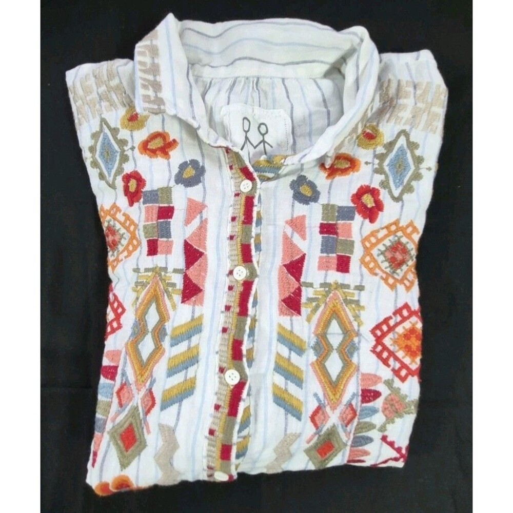 Johnny Was Pete & Greta Clapton Embroidered Linen Blend Tunic Top Womens Size M